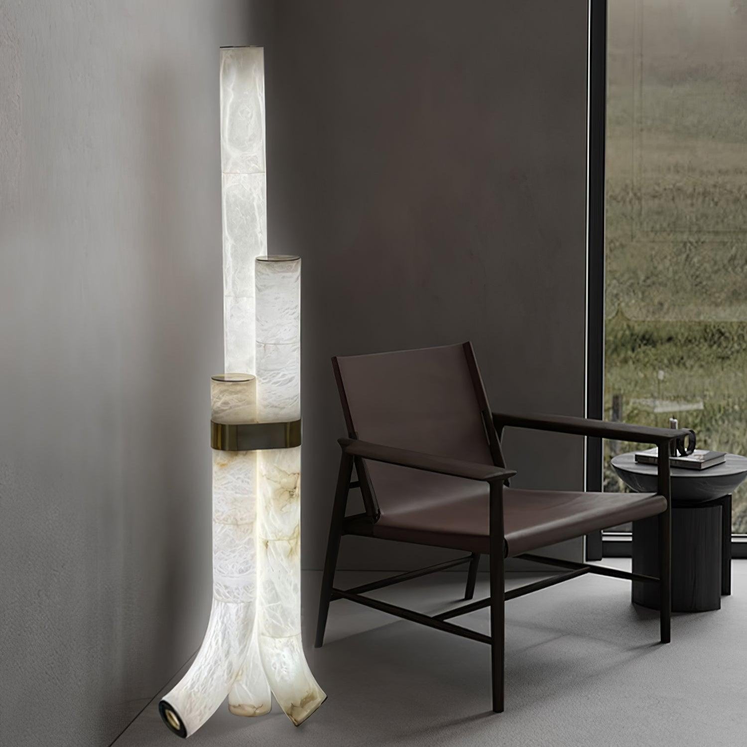 Stone Floor Lamp With Tall Alabaster Panels And Brass Accents