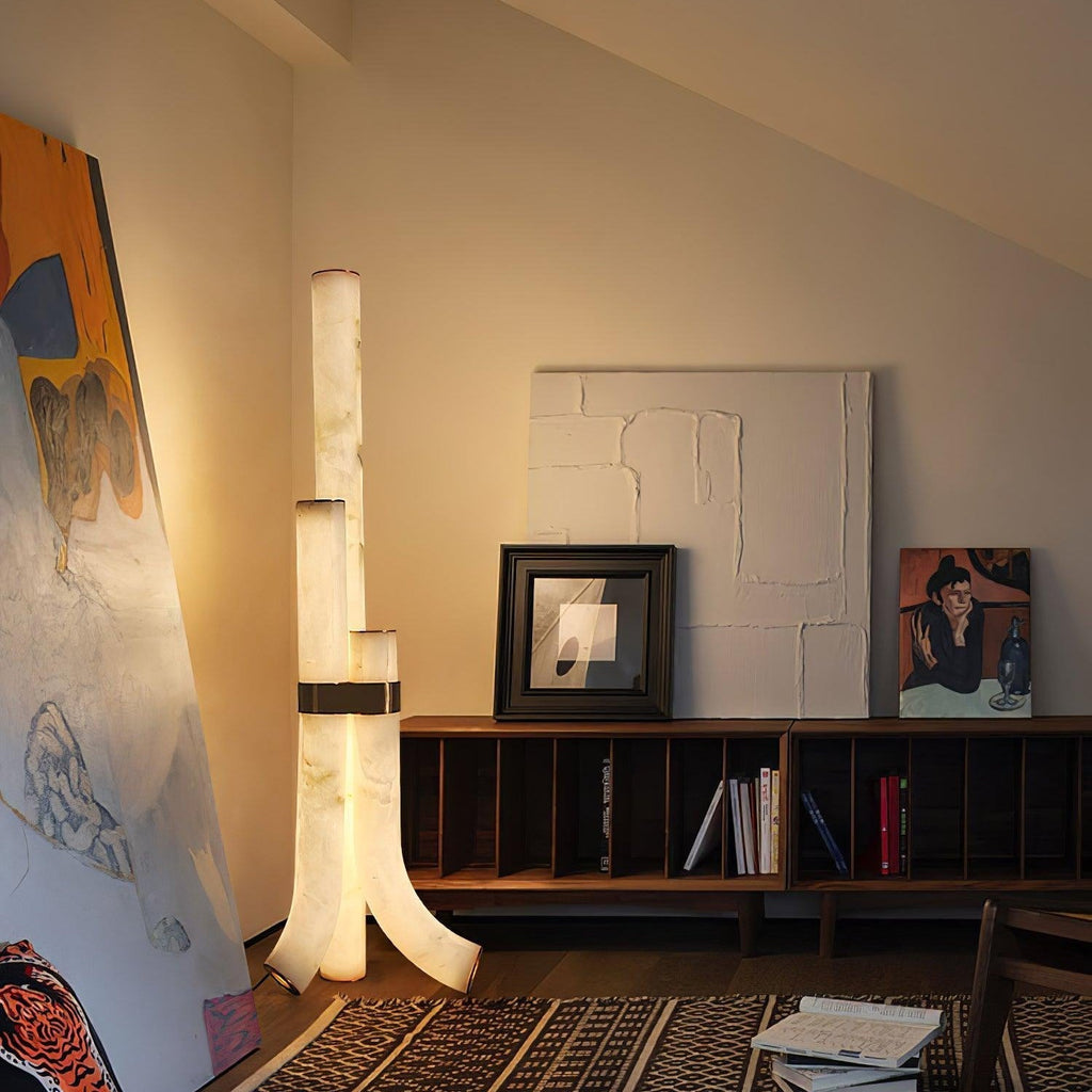 Stone Floor Lamp With Tall Alabaster Panels And Brass Accents