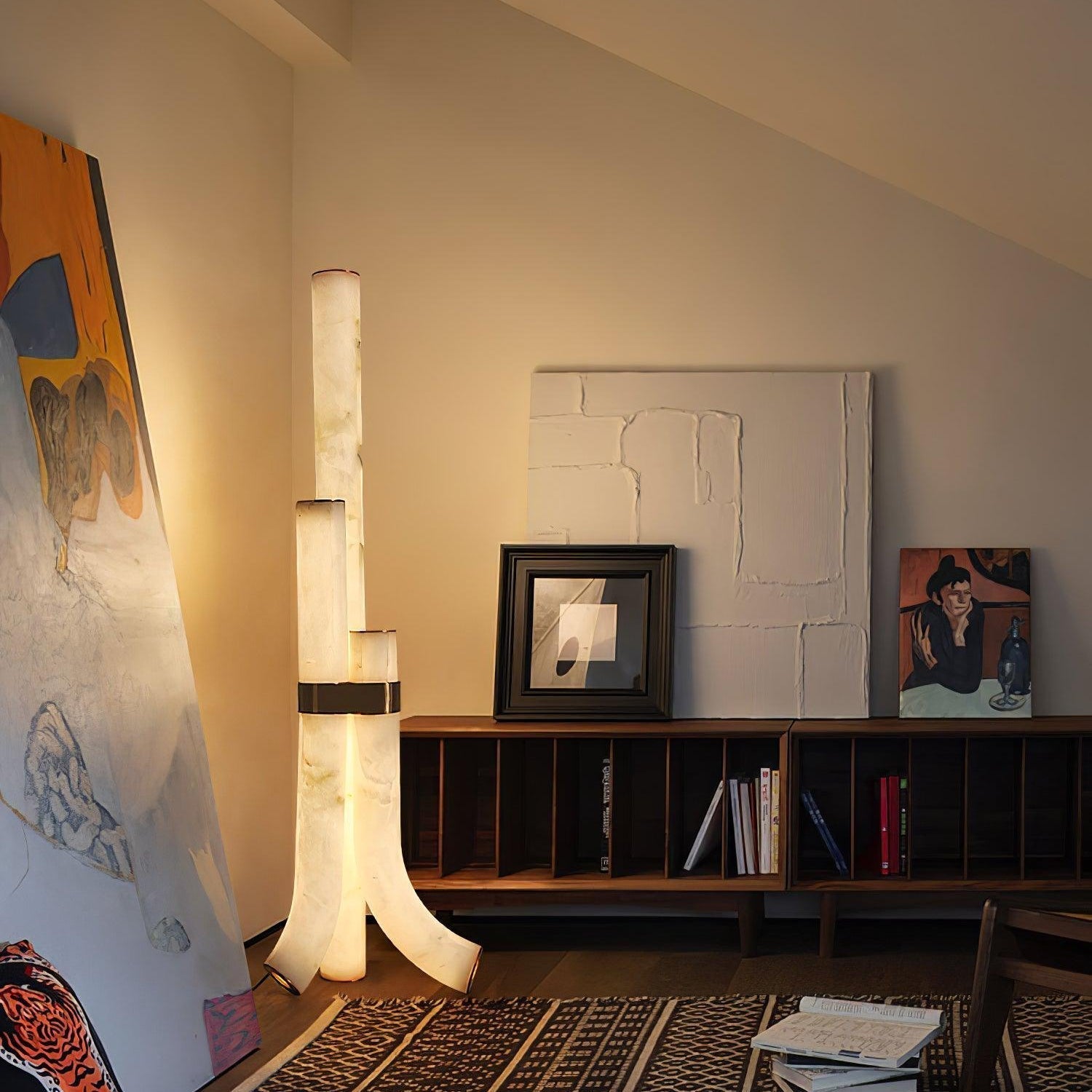 Stone Floor Lamp With Tall Alabaster Panels And Brass Accents