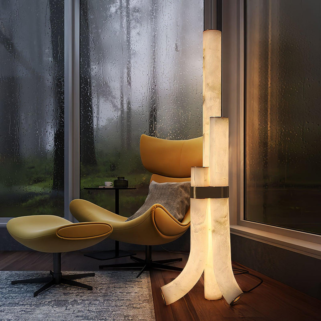 Stone Floor Lamp With Tall Alabaster Panels And Brass Accents