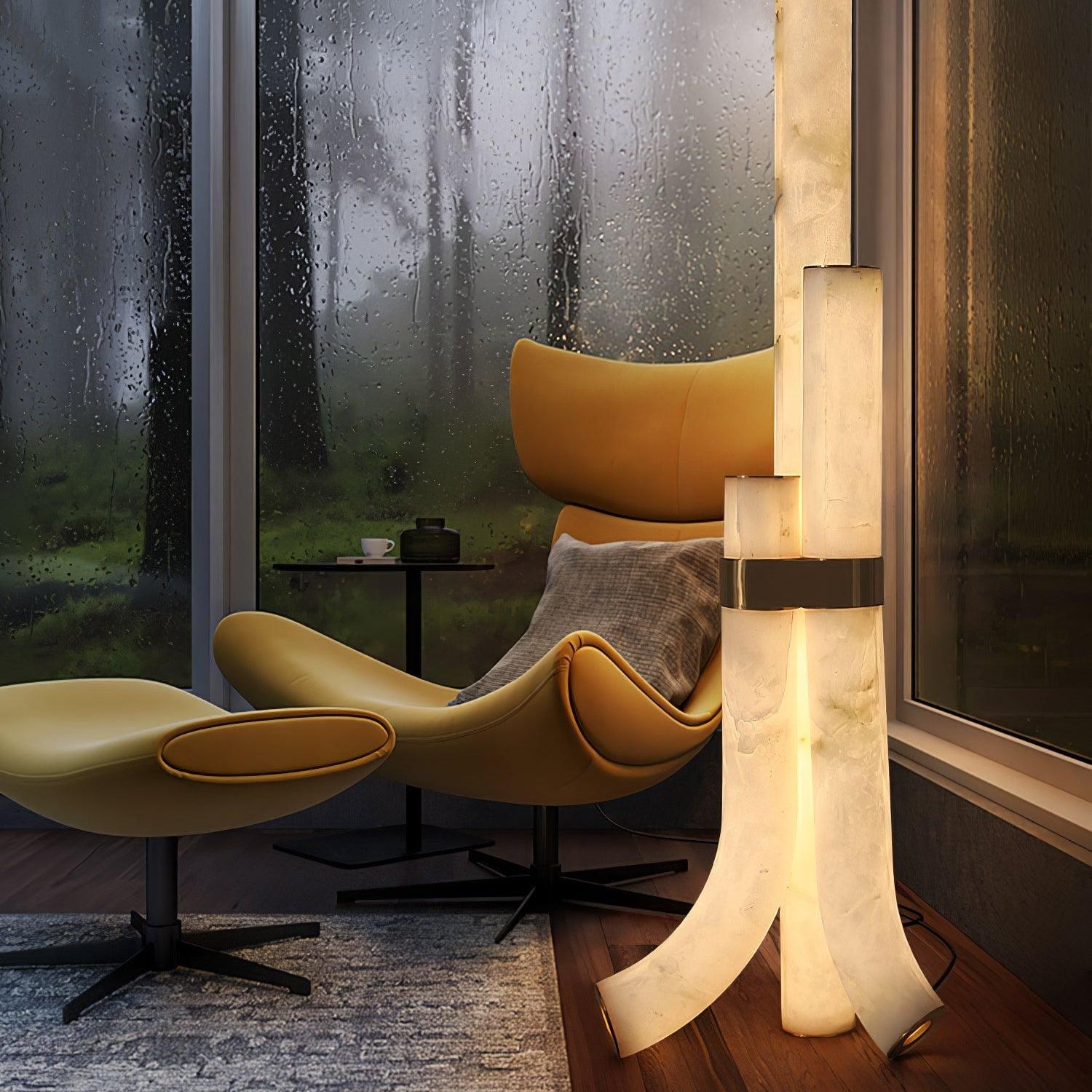 Stone Floor Lamp With Tall Alabaster Panels And Brass Accents