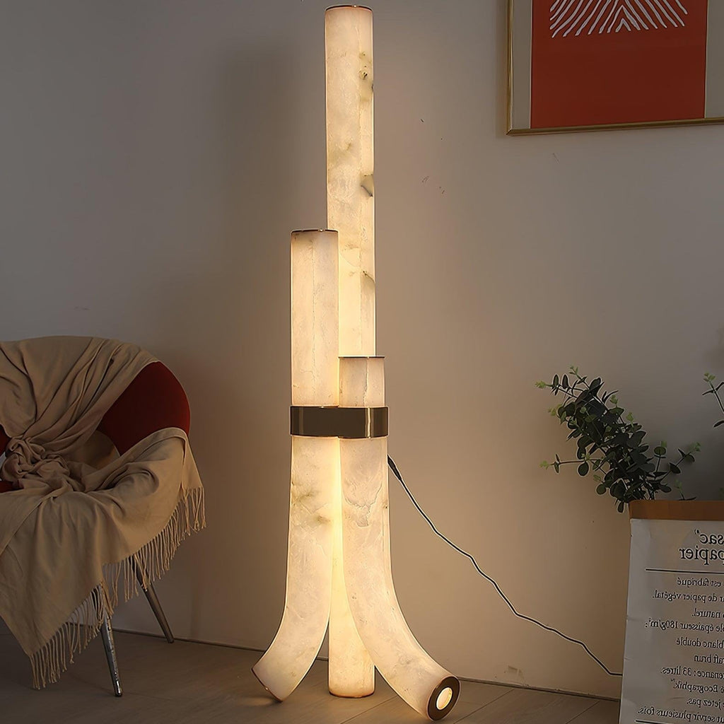 Stone Floor Lamp With Tall Alabaster Panels And Brass Accents