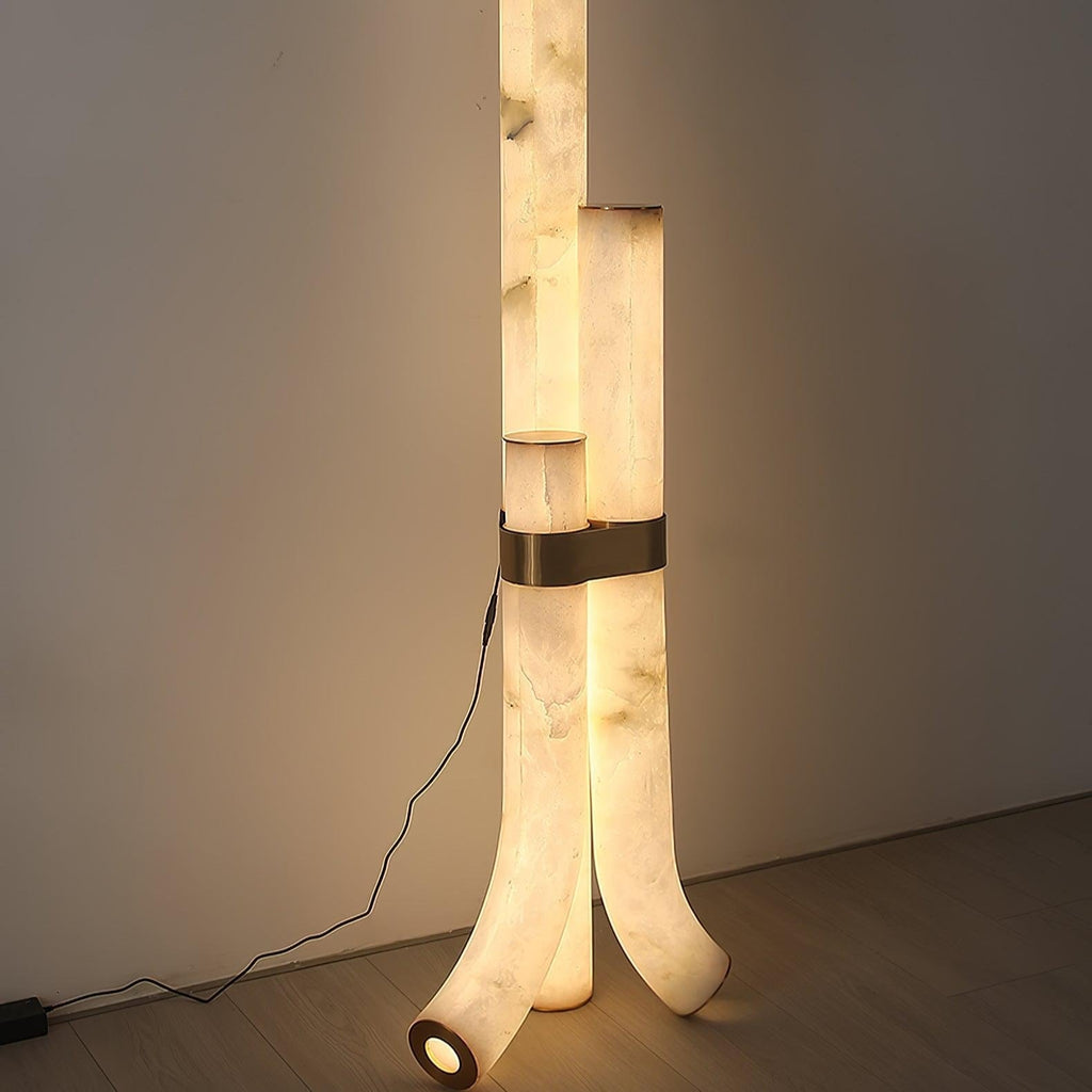 Stone Floor Lamp With Tall Alabaster Panels And Brass Accents