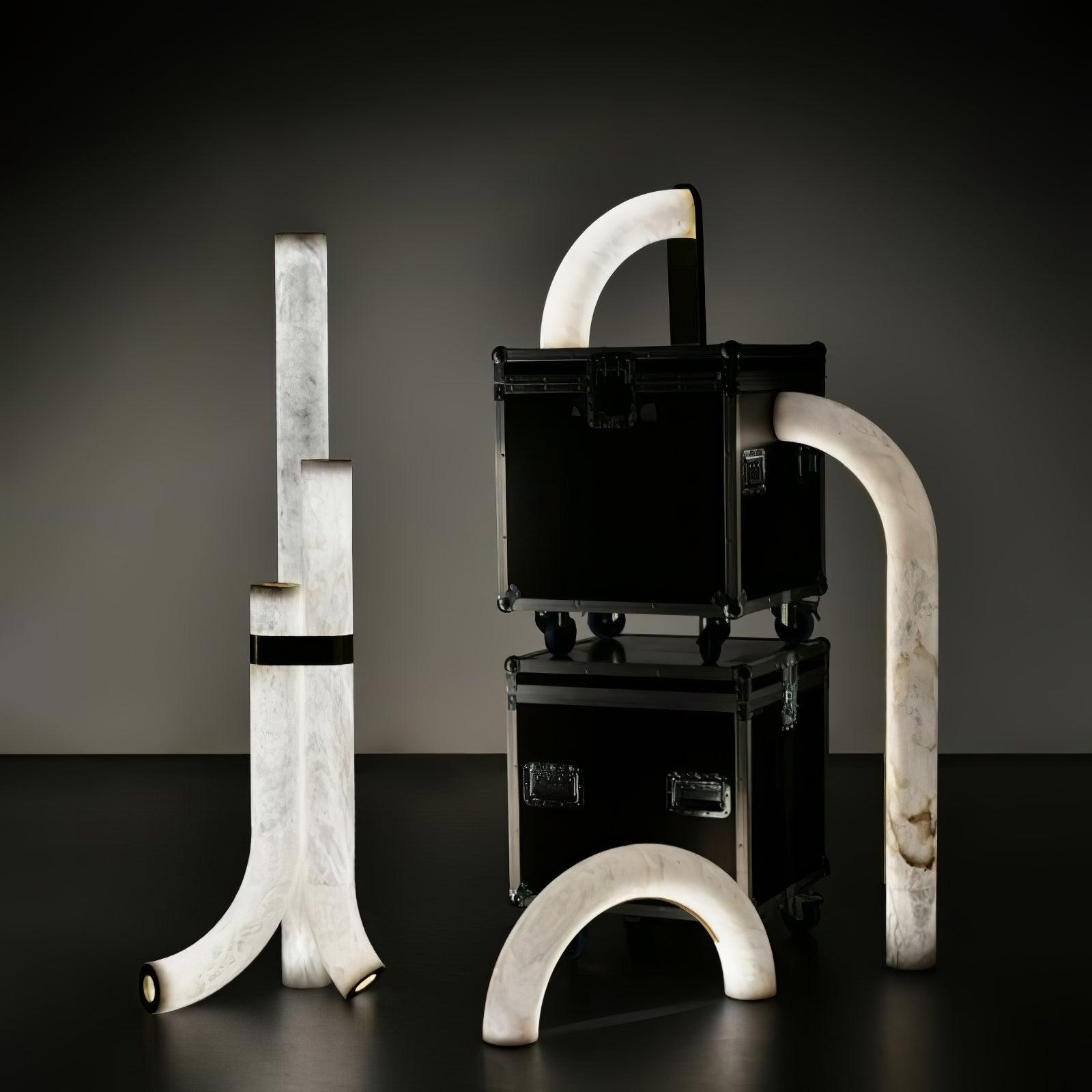 Stone Floor Lamp With Tall Alabaster Panels And Brass Accents