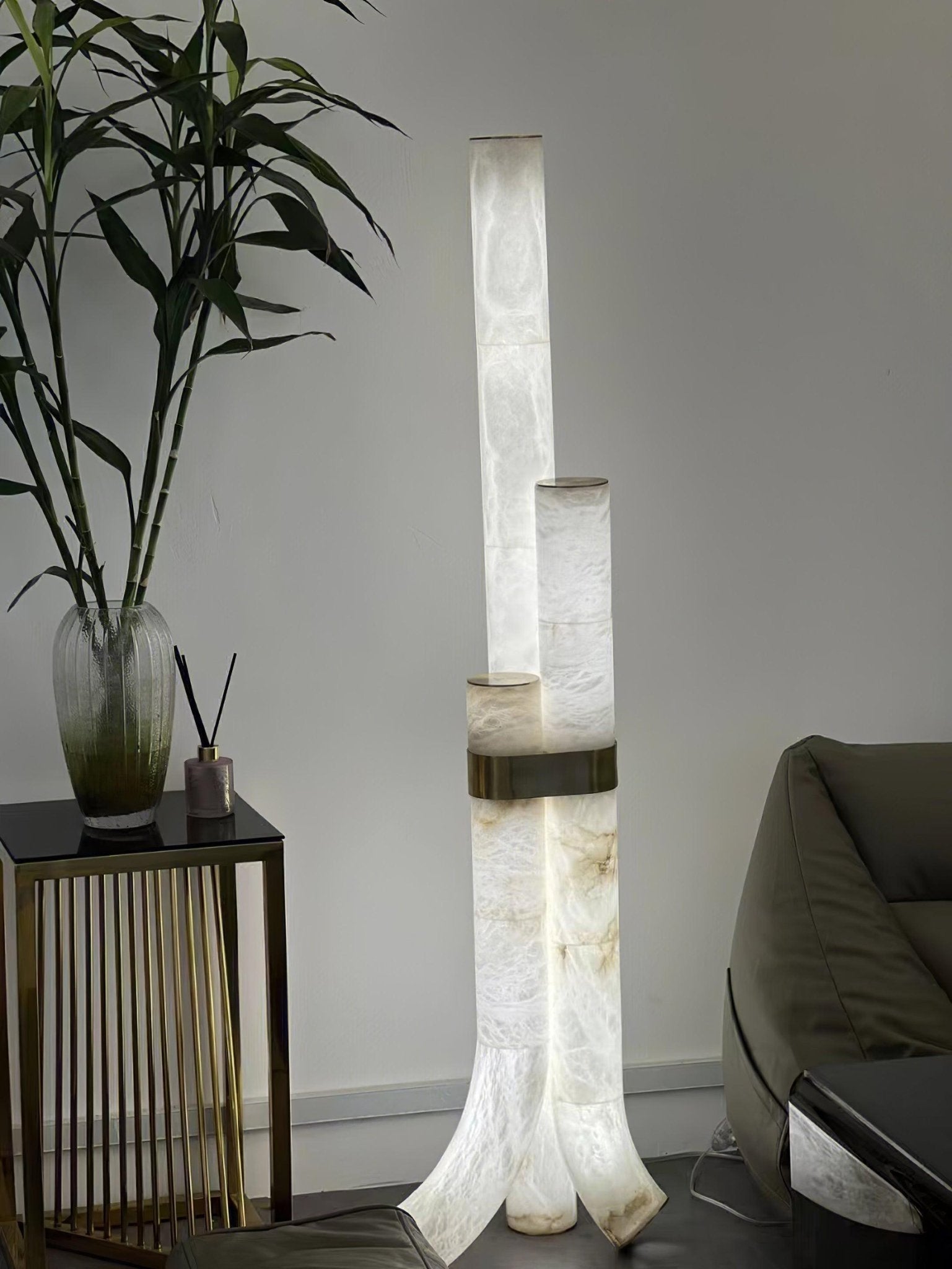 Stone Floor Lamp With Tall Alabaster Panels And Brass Accents