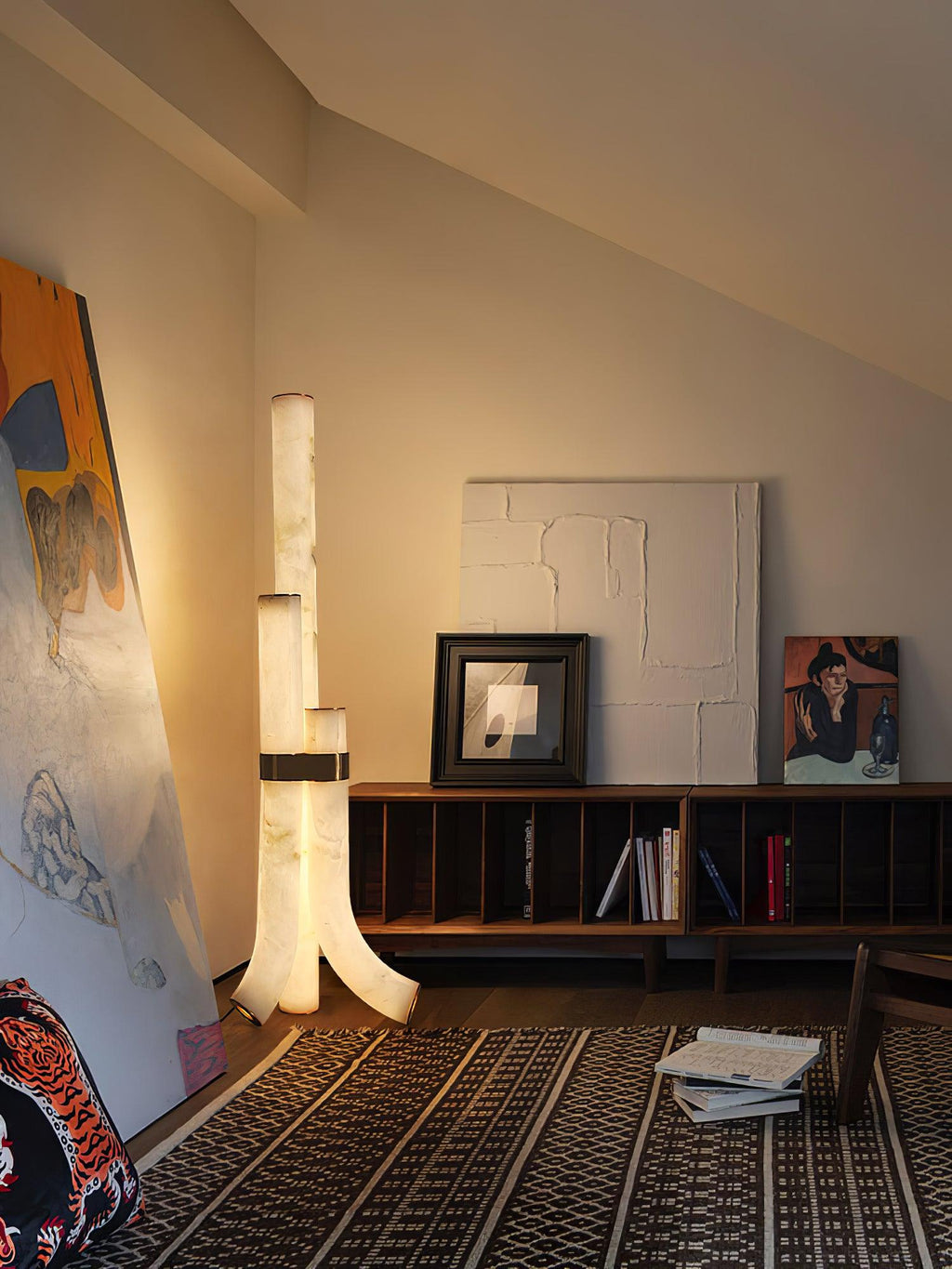 Stone Floor Lamp With Tall Alabaster Panels And Brass Accents