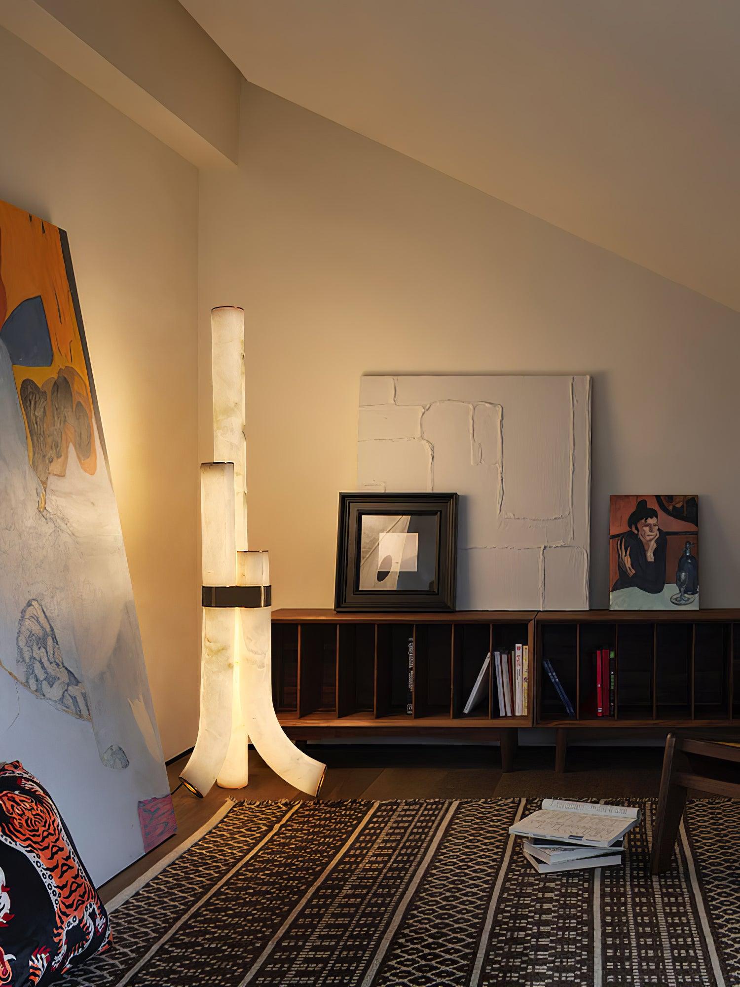 Stone Floor Lamp With Tall Alabaster Panels And Brass Accents
