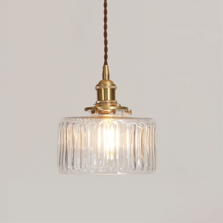 Round Brass Textured Glass Ceiling Pendant Light With Copper Socket
