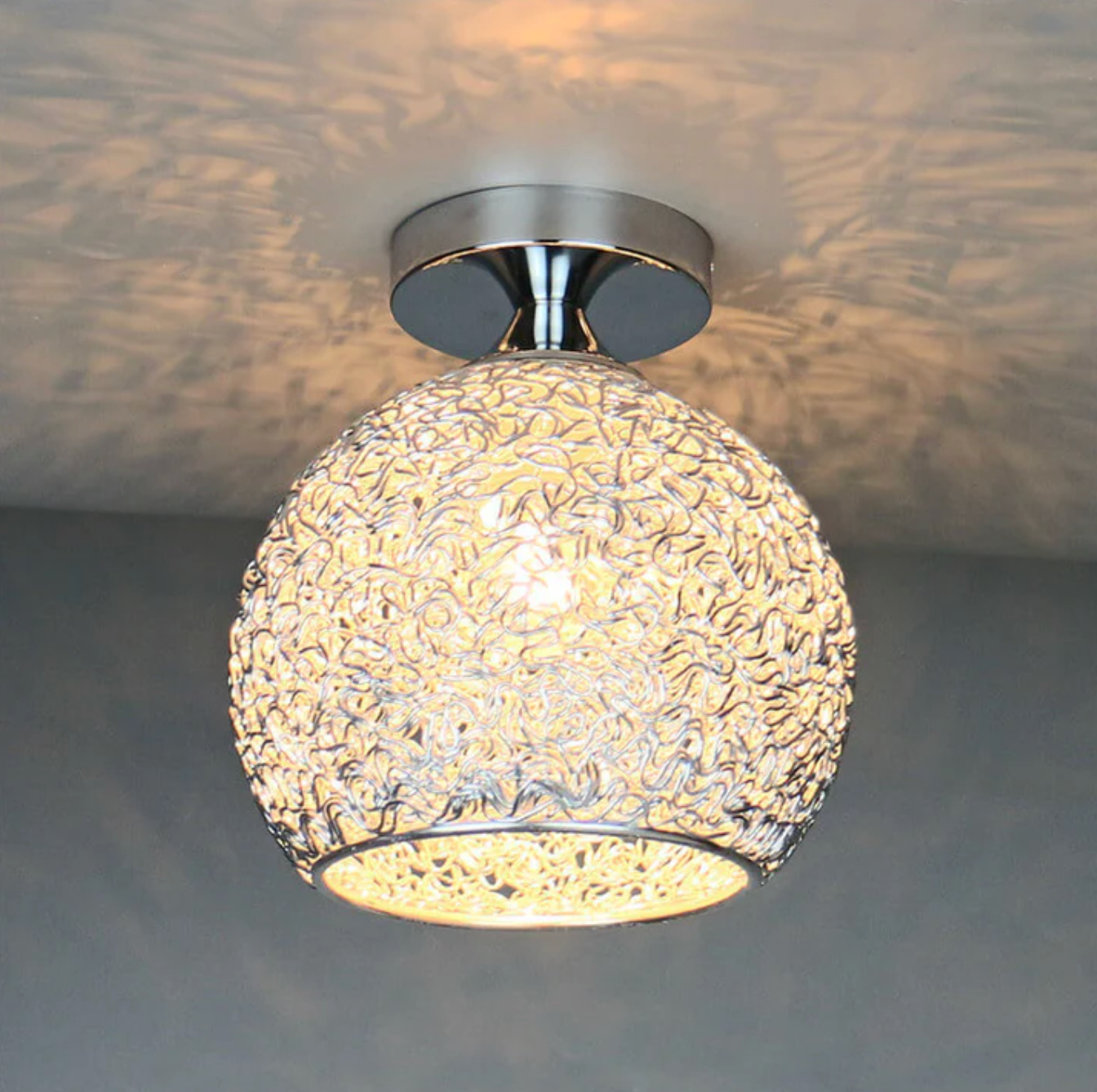 Modern Metal Globe Flush Mount Ceiling Light With Woven Open Shade Design