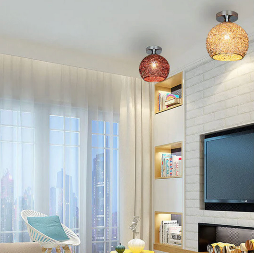 Modern Metal Globe Flush Mount Ceiling Light With Woven Open Shade Design