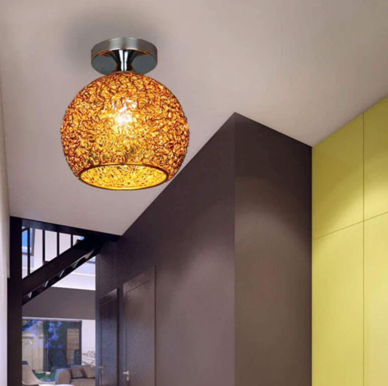 Modern Metal Globe Flush Mount Ceiling Light With Woven Open Shade Design