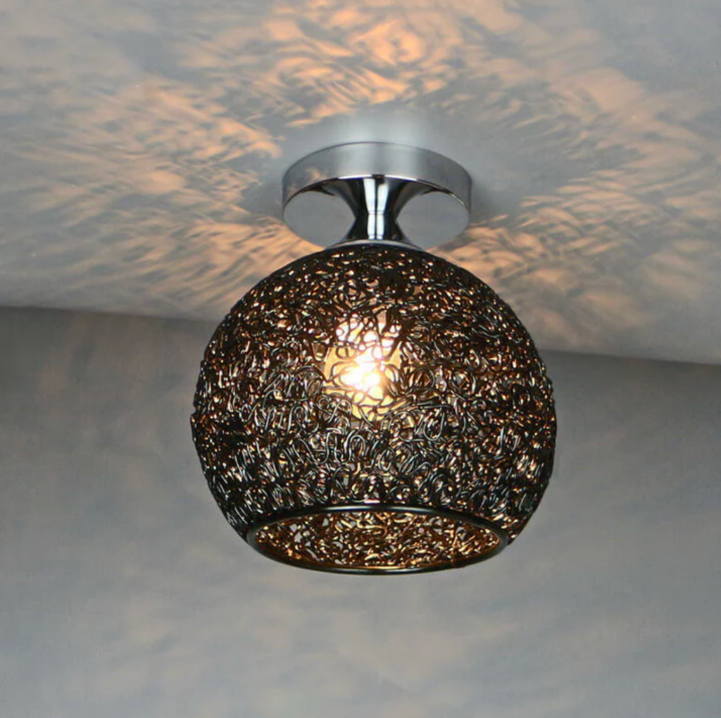 Modern Metal Globe Flush Mount Ceiling Light With Woven Open Shade Design