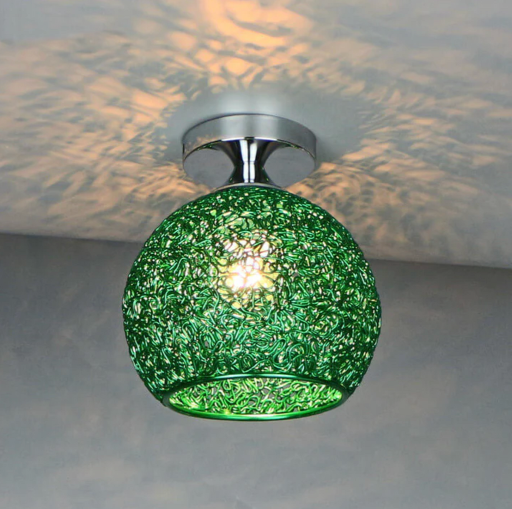Modern Metal Globe Flush Mount Ceiling Light With Woven Open Shade Design