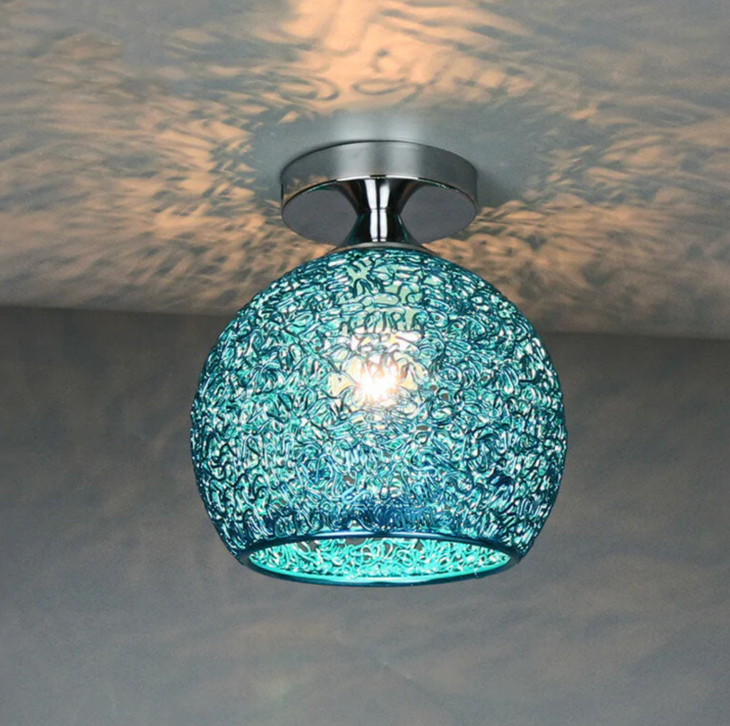 Modern Metal Globe Flush Mount Ceiling Light With Woven Open Shade Design