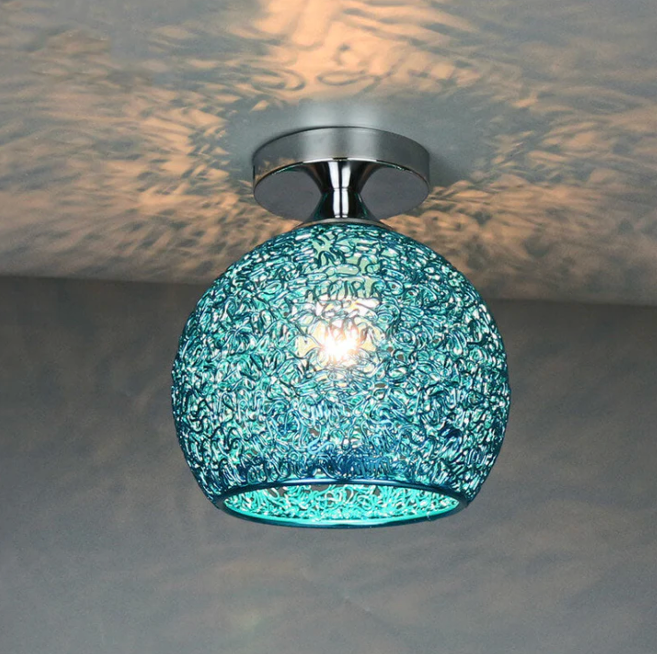 Modern Metal Globe Flush Mount Ceiling Light With Woven Open Shade Design