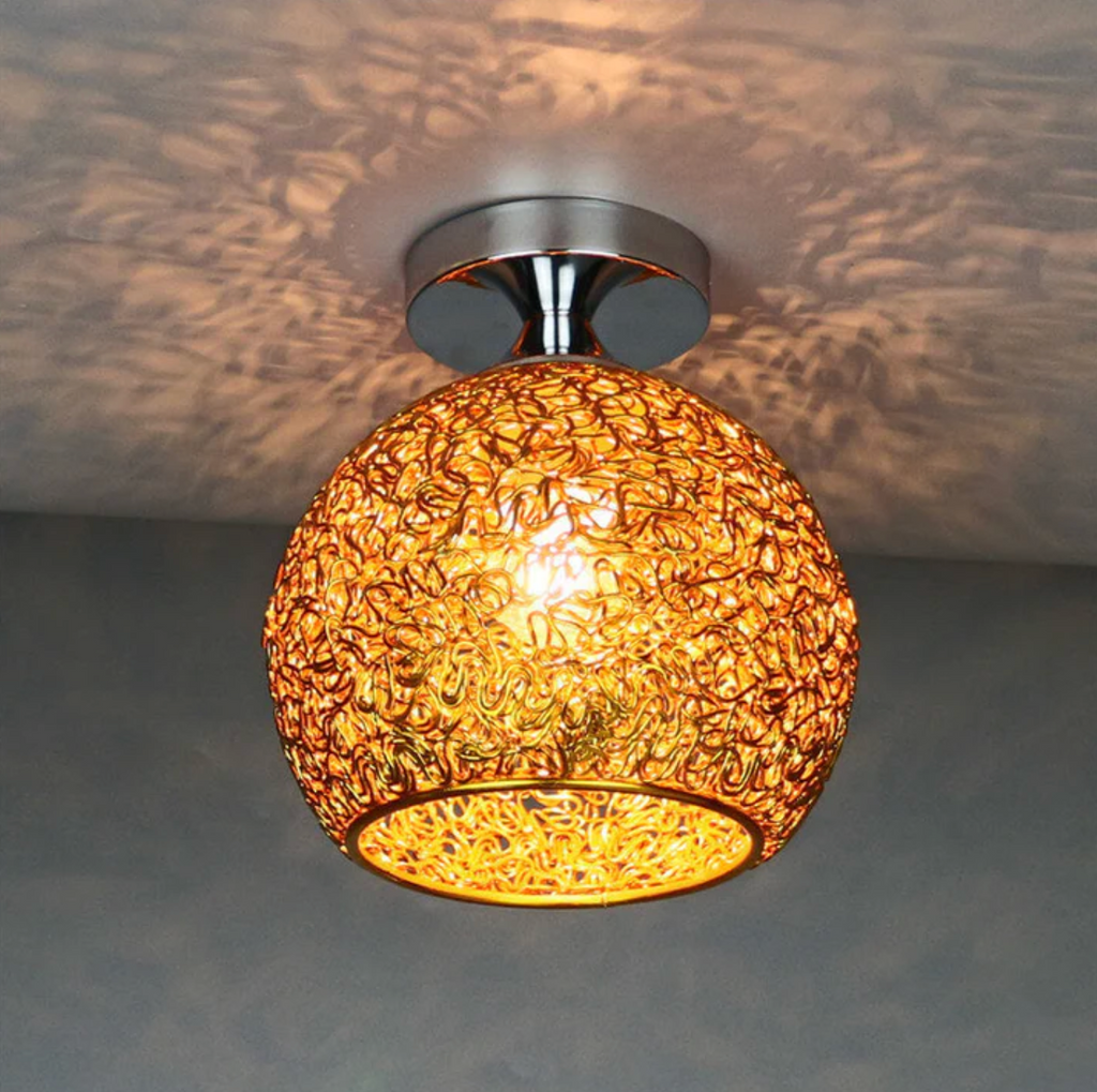 Modern Metal Globe Flush Mount Ceiling Light With Woven Open Shade Design