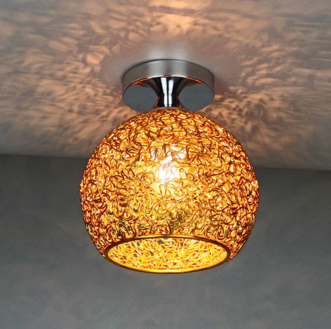 Modern Metal Globe Flush Mount Ceiling Light With Woven Open Shade Design