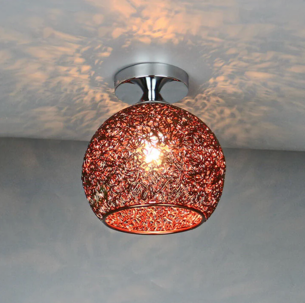 Modern Metal Globe Flush Mount Ceiling Light With Woven Open Shade Design