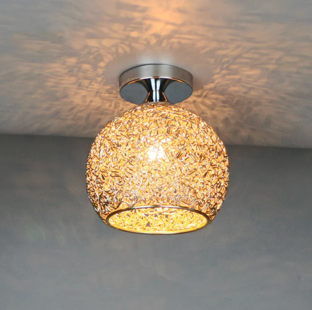 Modern Metal Globe Flush Mount Ceiling Light With Woven Open Shade Design