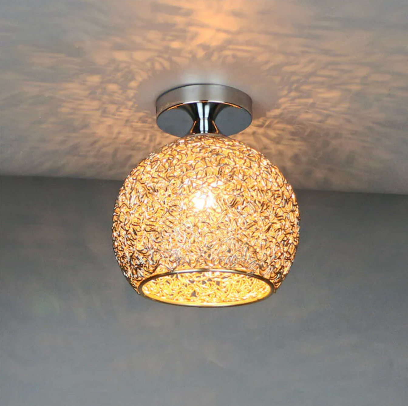 Modern Metal Globe Flush Mount Ceiling Light With Woven Open Shade Design