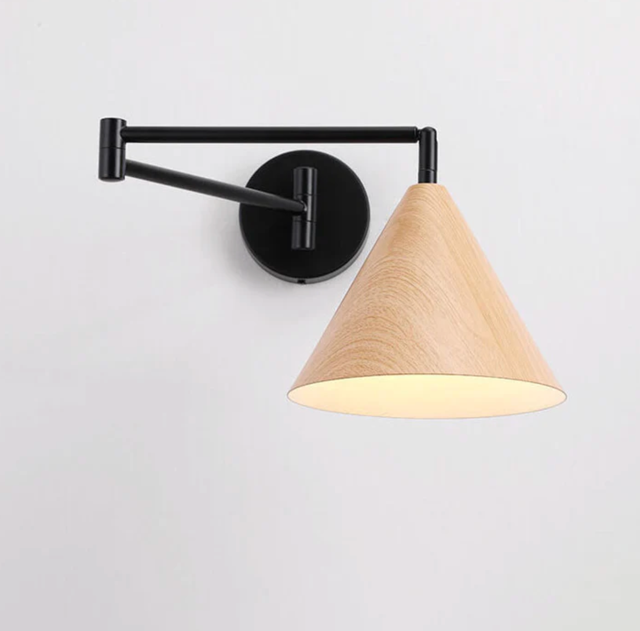 Modern Minimalist Wooden Wall Lamp With Black Metal Arm And Shade