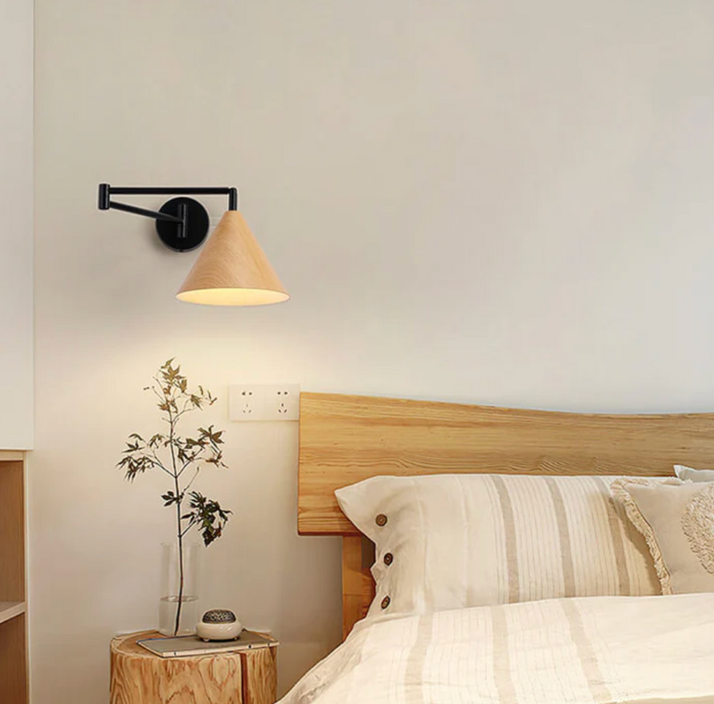 Modern Minimalist Wooden Wall Lamp With Black Metal Arm And Shade
