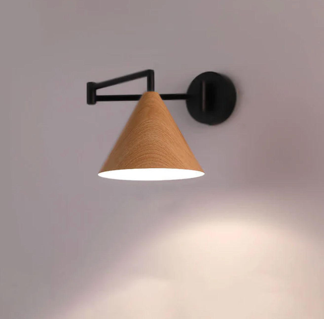 Modern Minimalist Wooden Wall Lamp With Black Metal Arm And Shade