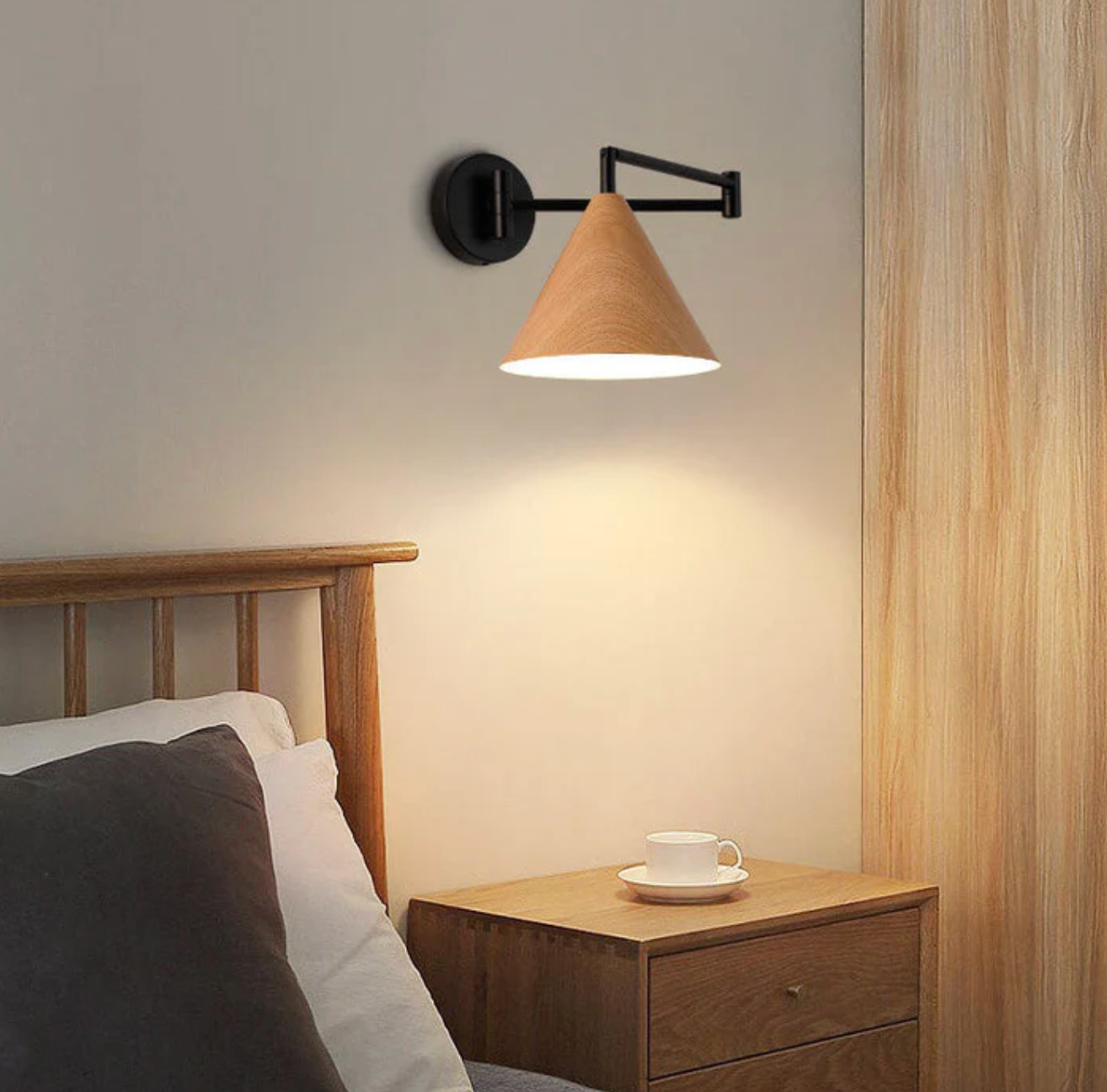 Modern Minimalist Wooden Wall Lamp With Black Metal Arm And Shade