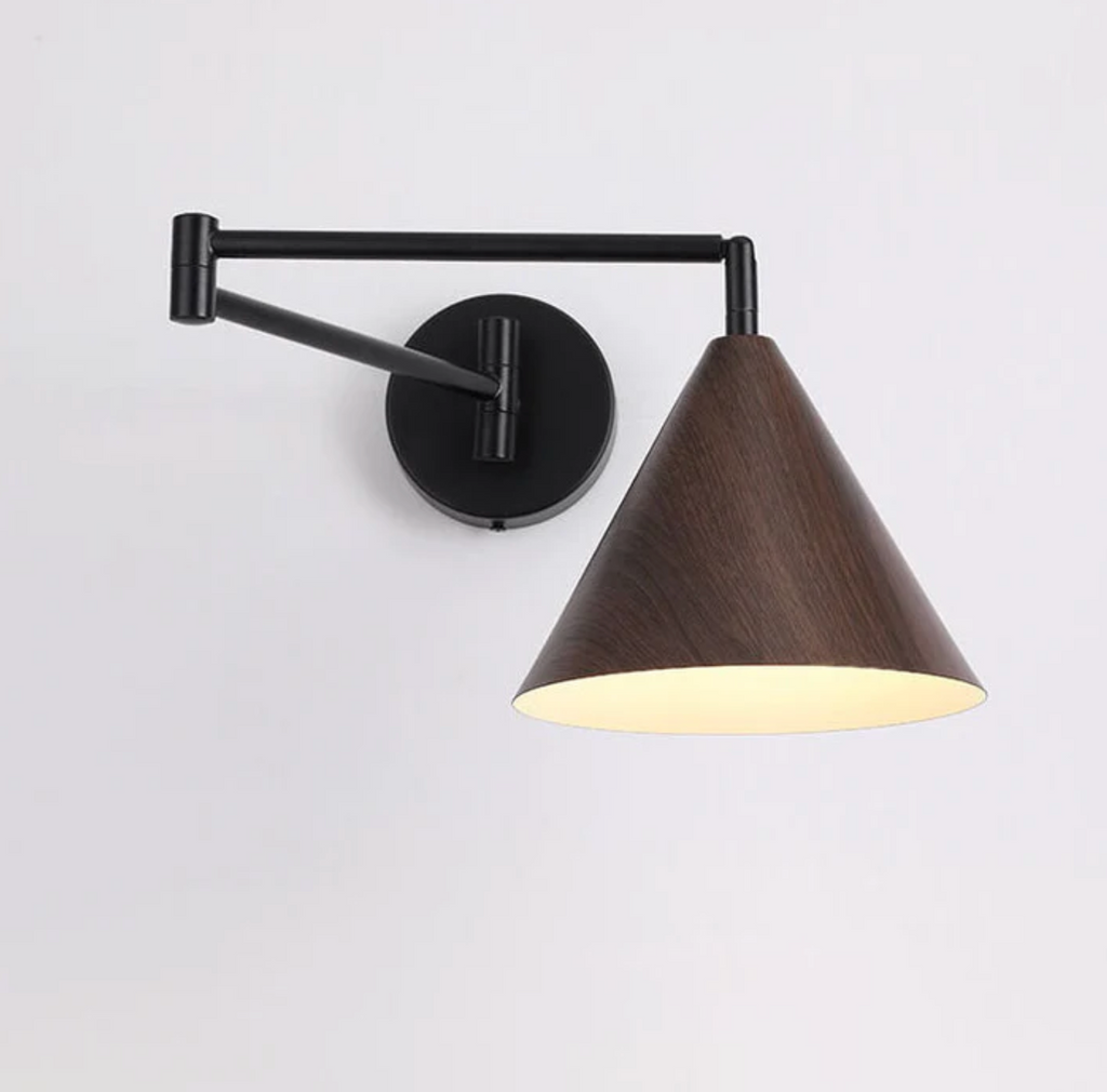 Modern Minimalist Wooden Wall Lamp With Black Metal Arm And Shade