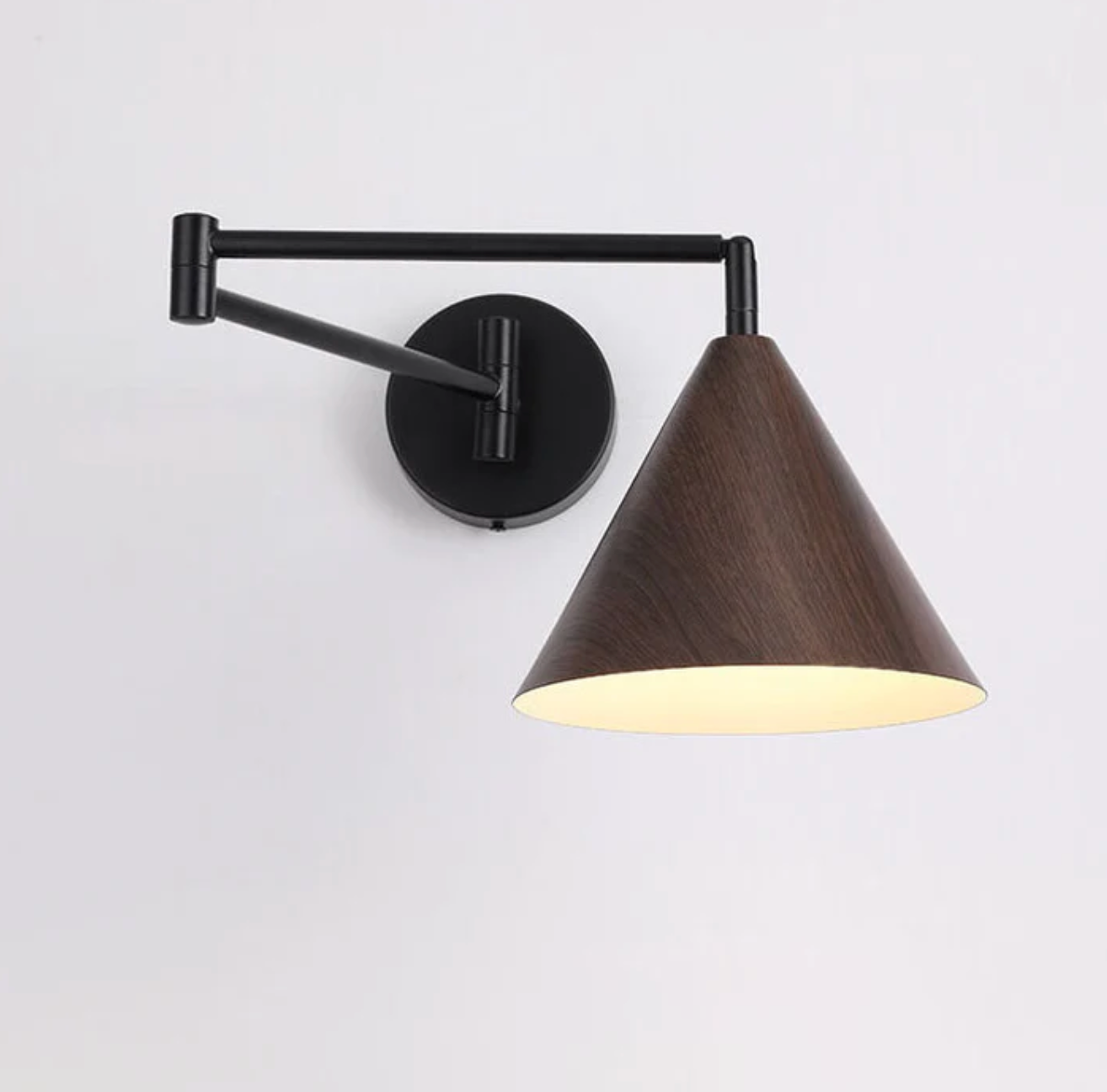 Modern Minimalist Wooden Wall Lamp With Black Metal Arm And Shade