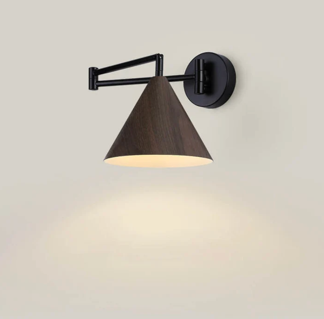 Modern Minimalist Wooden Wall Lamp With Black Metal Arm And Shade