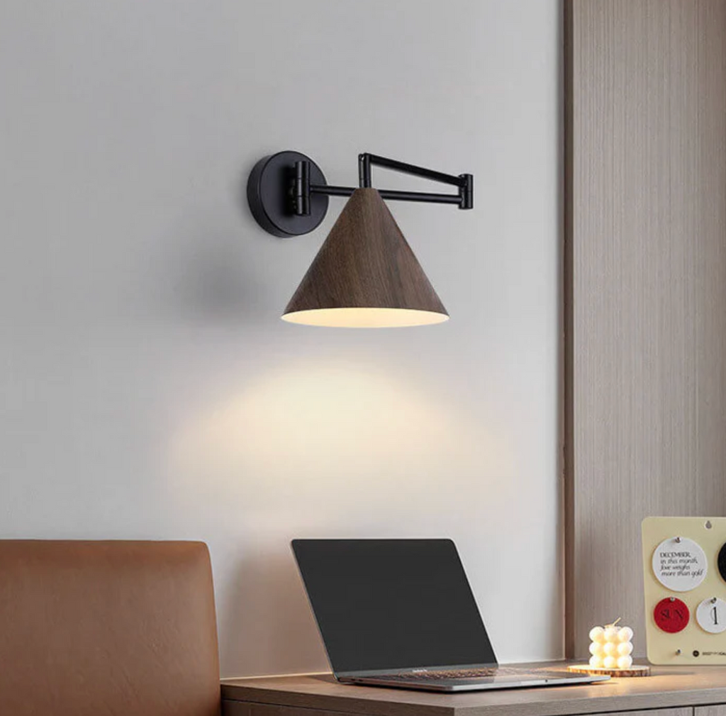 Modern Minimalist Wooden Wall Lamp With Black Metal Arm And Shade