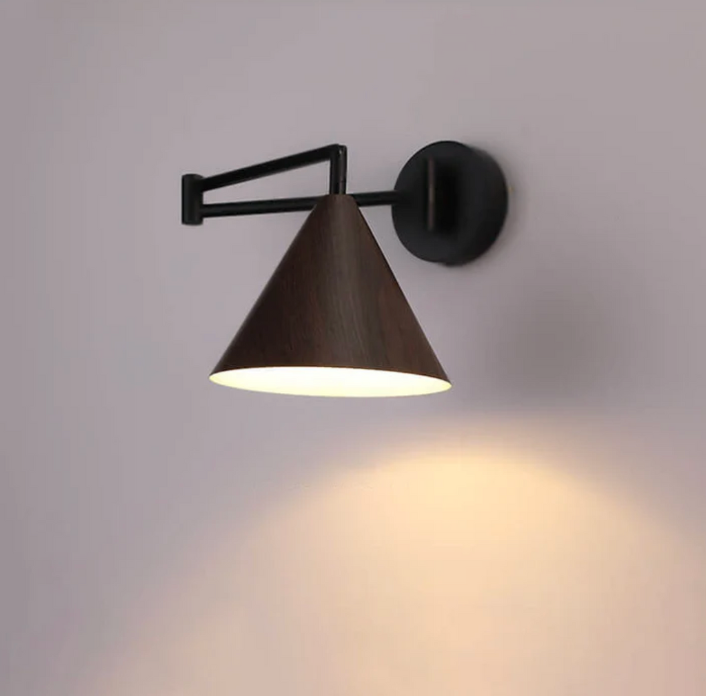 Modern Minimalist Wooden Wall Lamp With Black Metal Arm And Shade
