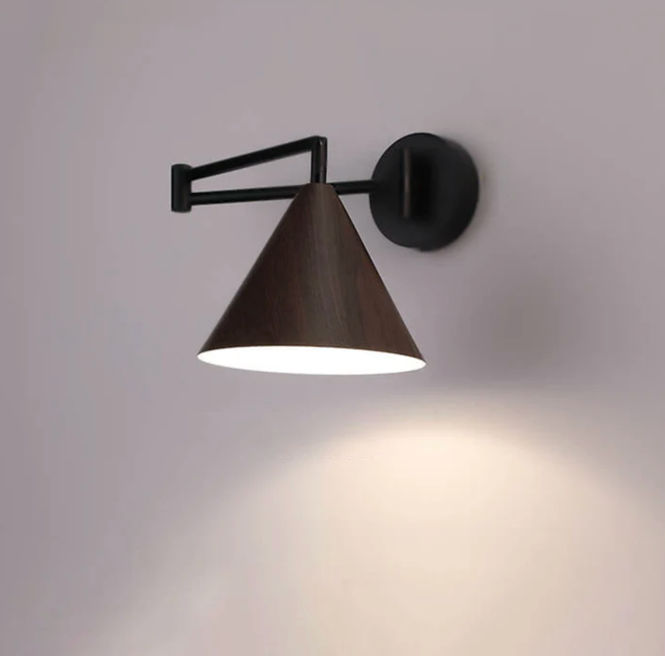 Modern Minimalist Wooden Wall Lamp With Black Metal Arm And Shade