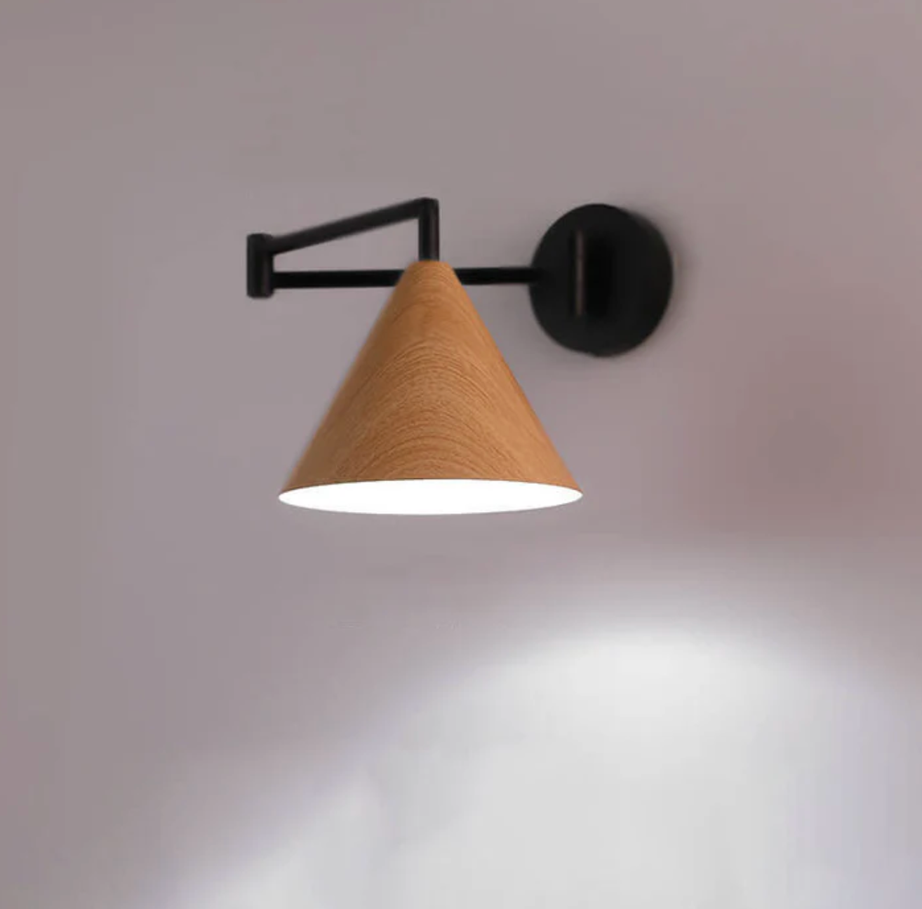 Modern Minimalist Wooden Wall Lamp With Black Metal Arm And Shade
