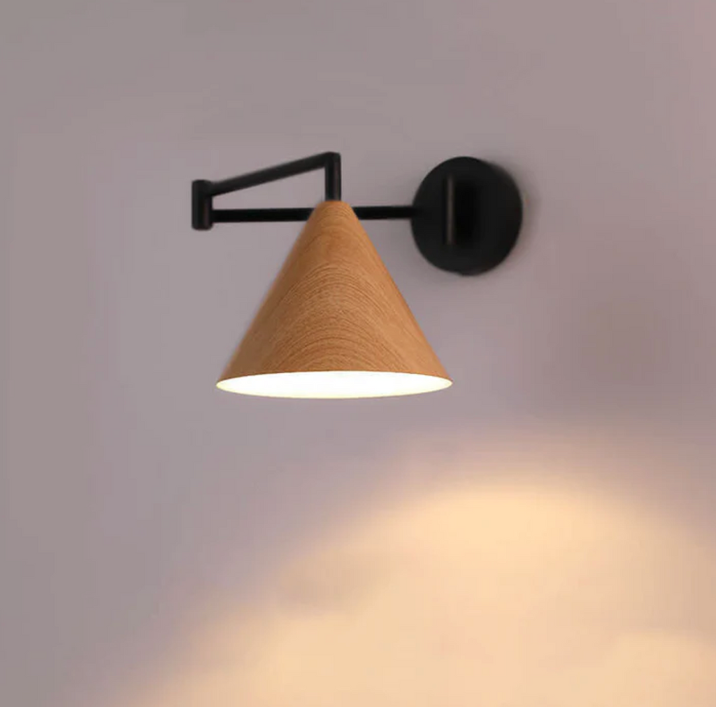 Modern Minimalist Wooden Wall Lamp With Black Metal Arm And Shade