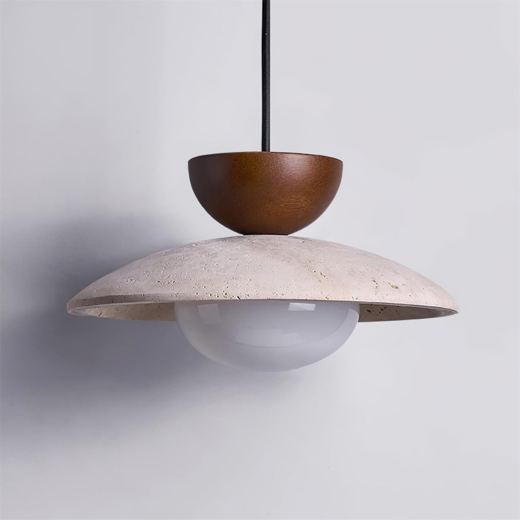Modern Travertine Dome Pendant Light With Wood Trim And Diffused Glass