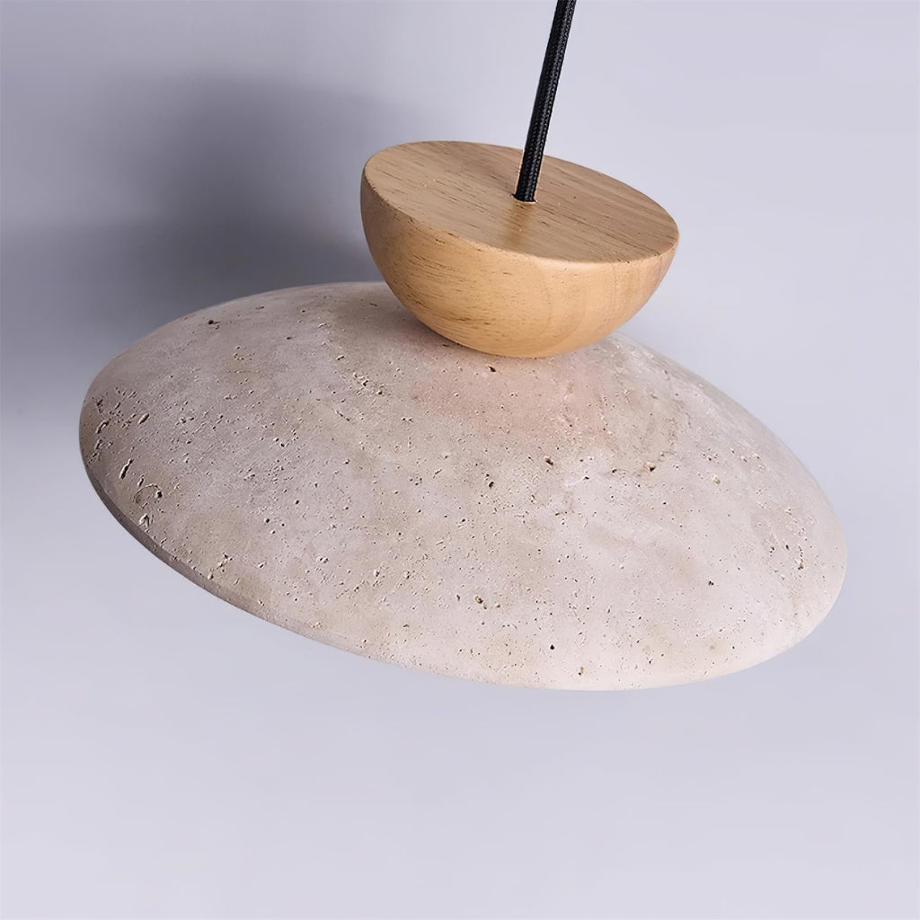 Modern Travertine Dome Pendant Light With Wood Trim And Diffused Glass