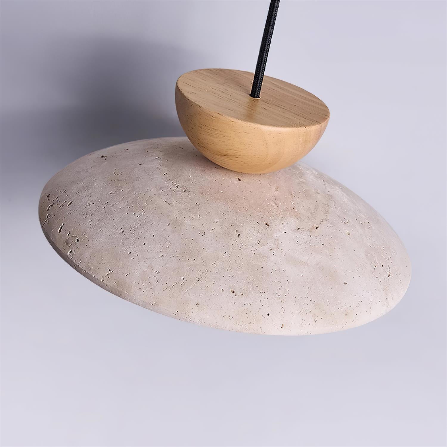 Modern Travertine Dome Pendant Light With Wood Trim And Diffused Glass