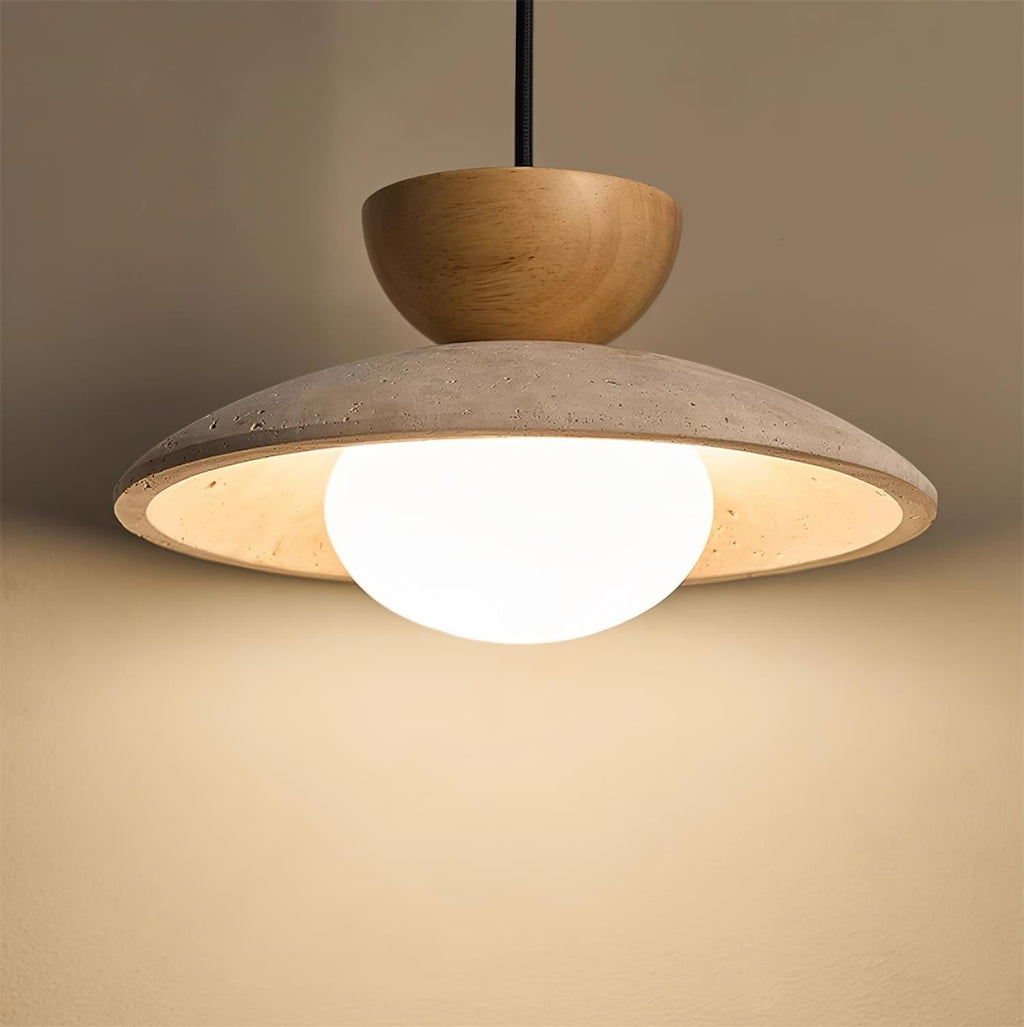 Modern Travertine Dome Pendant Light With Wood Trim And Diffused Glass