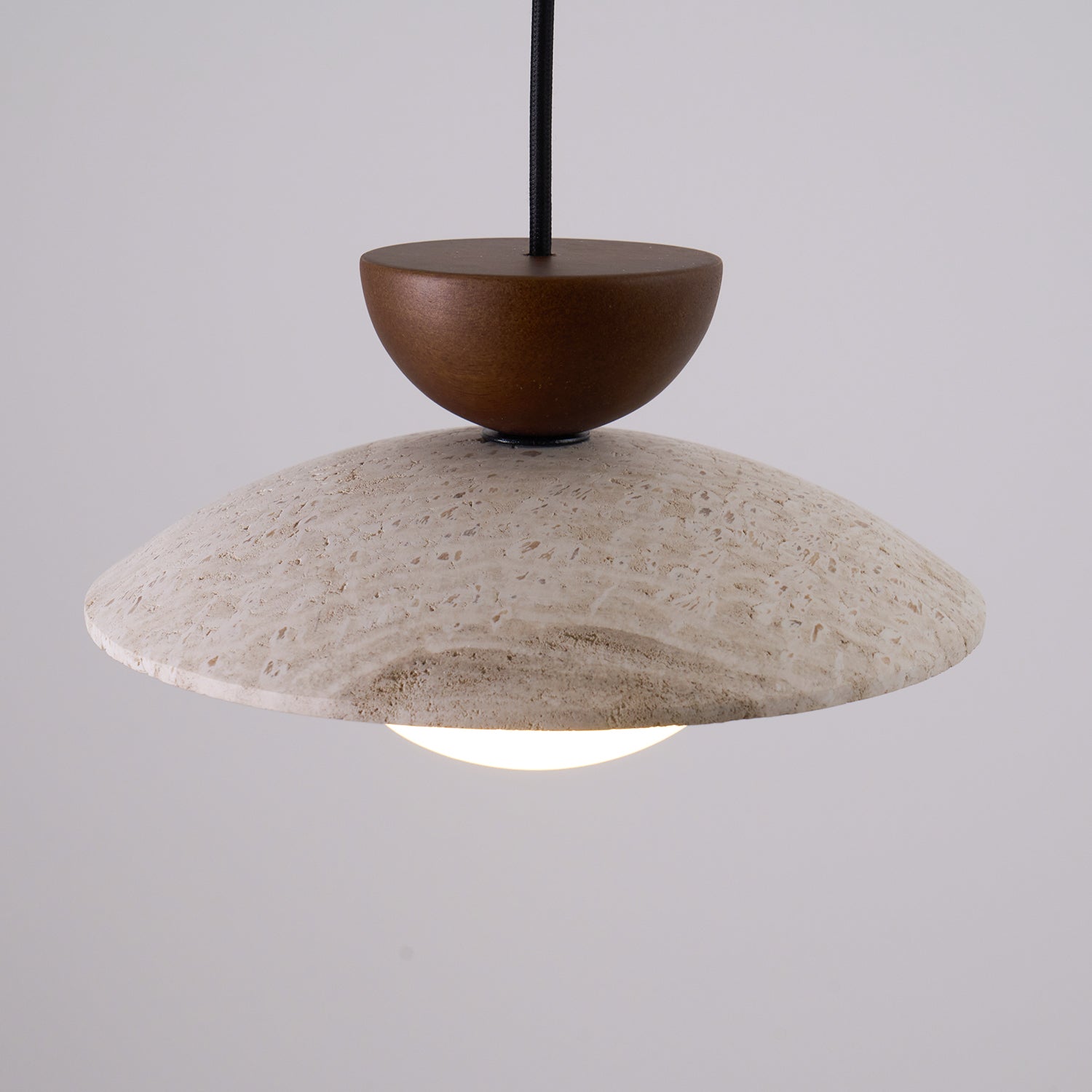 Modern Travertine Dome Pendant Light With Wood Trim And Diffused Glass