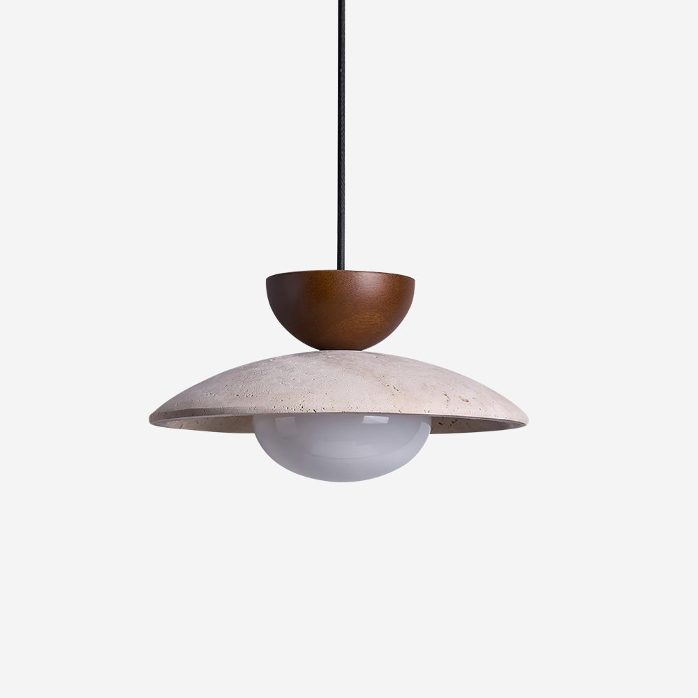 Modern Travertine Dome Pendant Light With Wood Trim And Diffused Glass