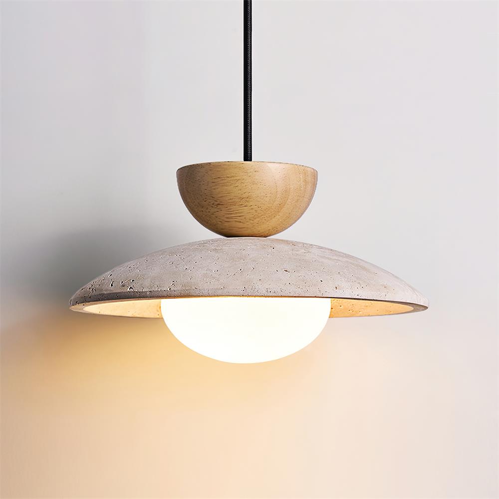 Modern Travertine Dome Pendant Light With Wood Trim And Diffused Glass