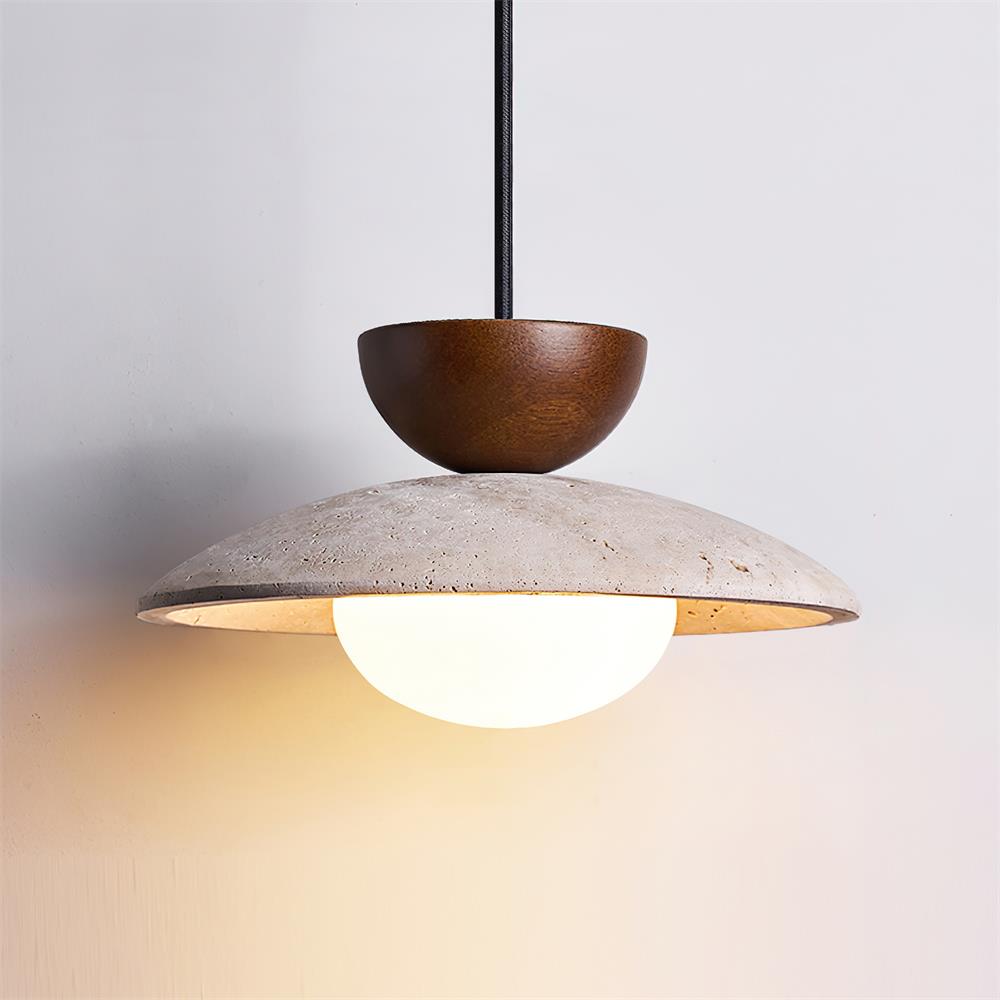 Modern Travertine Dome Pendant Light With Wood Trim And Diffused Glass