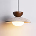 Modern Travertine Dome Pendant Light With Wood Trim And Diffused Glass