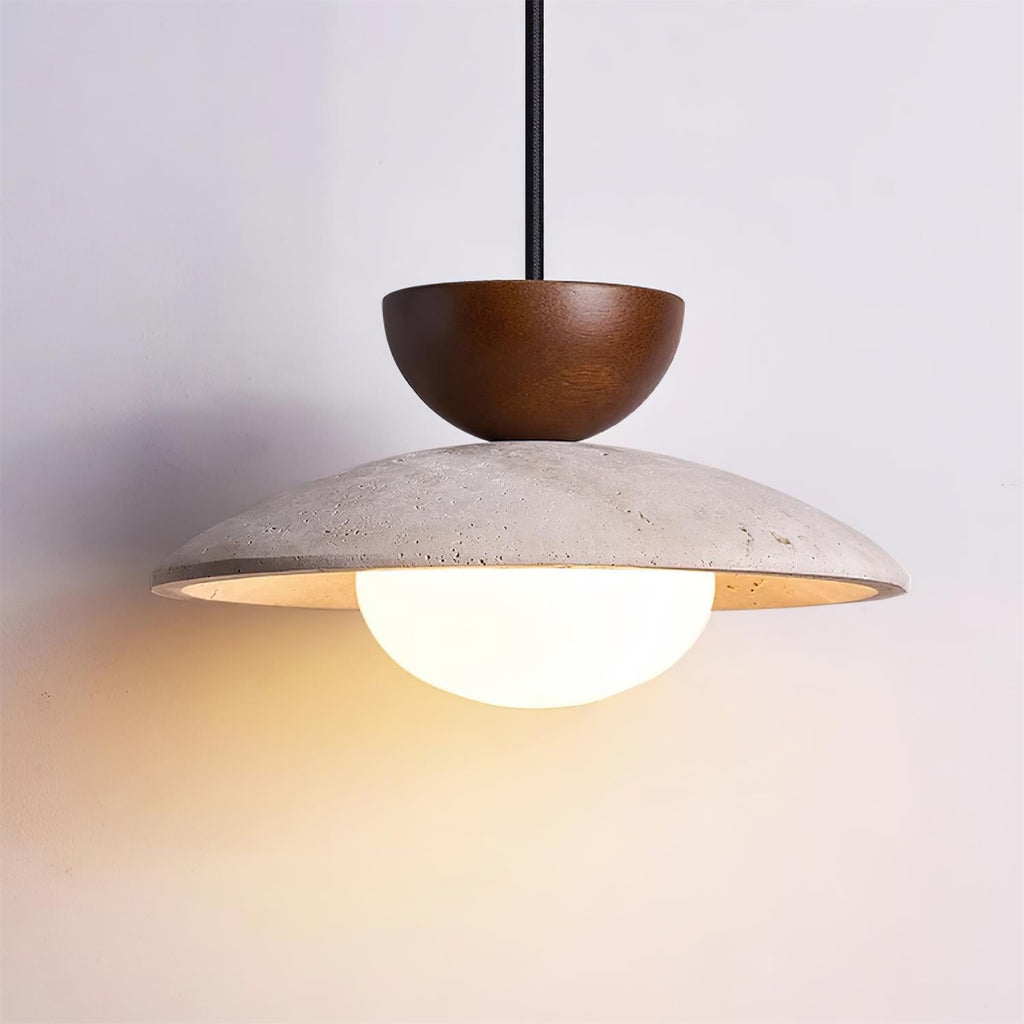 Modern Travertine Dome Pendant Light With Wood Trim And Diffused Glass