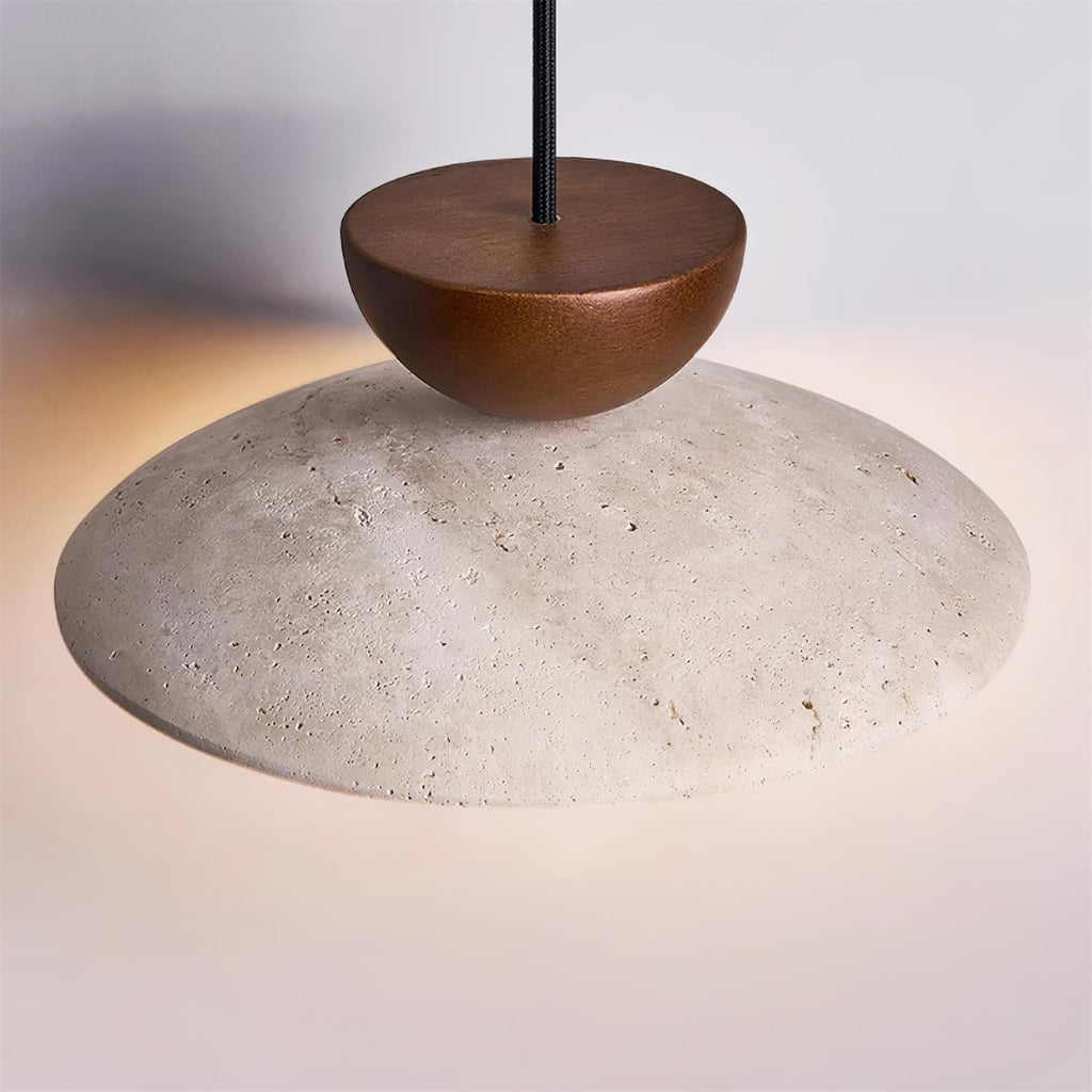 Modern Travertine Dome Pendant Light With Wood Trim And Diffused Glass