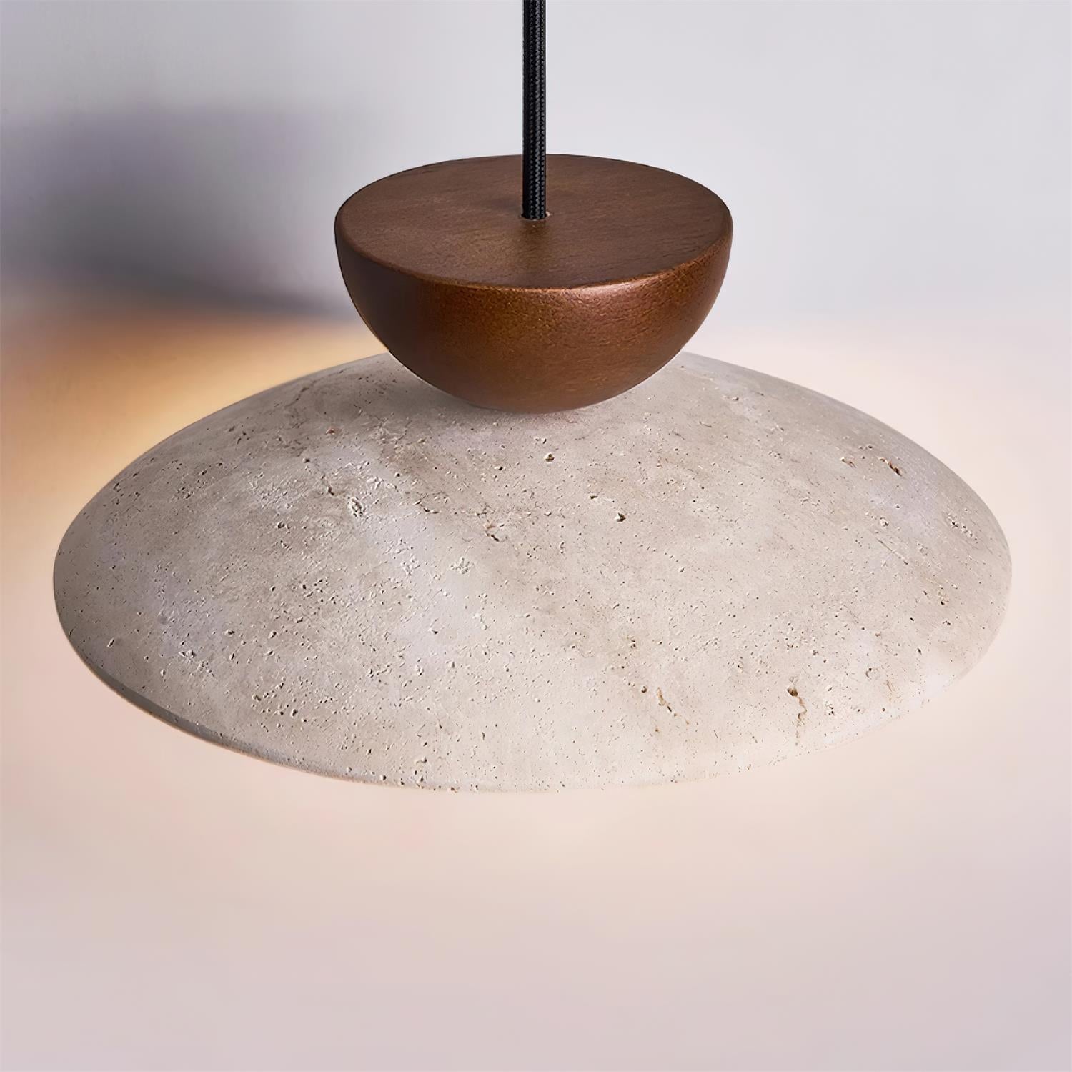 Modern Travertine Dome Pendant Light With Wood Trim And Diffused Glass