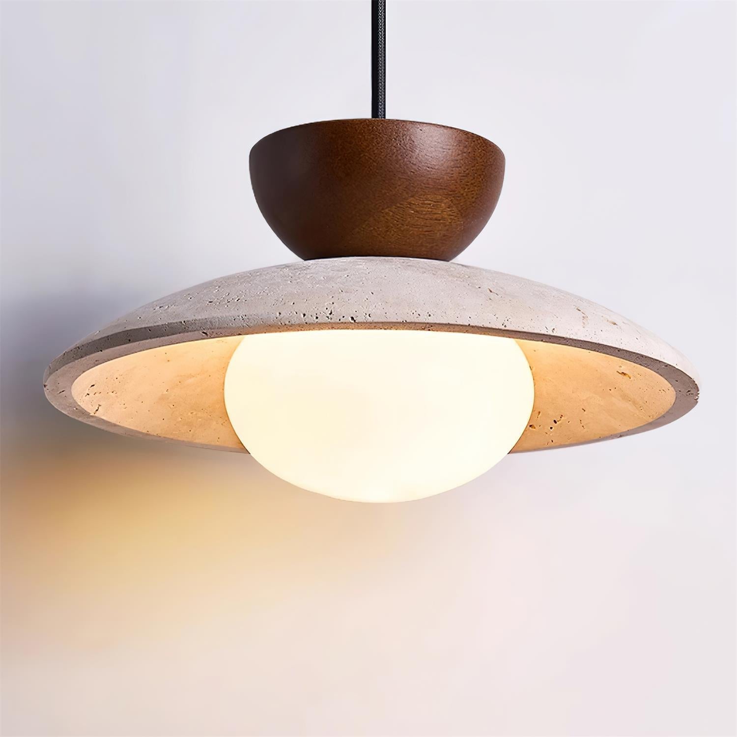 Modern Travertine Dome Pendant Light With Wood Trim And Diffused Glass