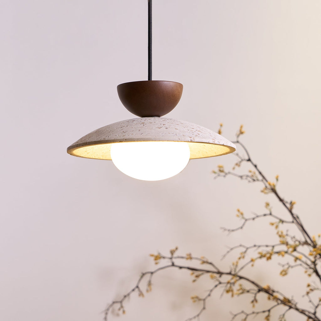 Modern Travertine Dome Pendant Light With Wood Trim And Diffused Glass